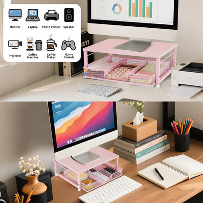 Small Pink Laptop Stand for Desk, Monitor Stand, Office Desk Accessories, Computer Desktop Stand with Drawer for Home, Office, School (Pink)