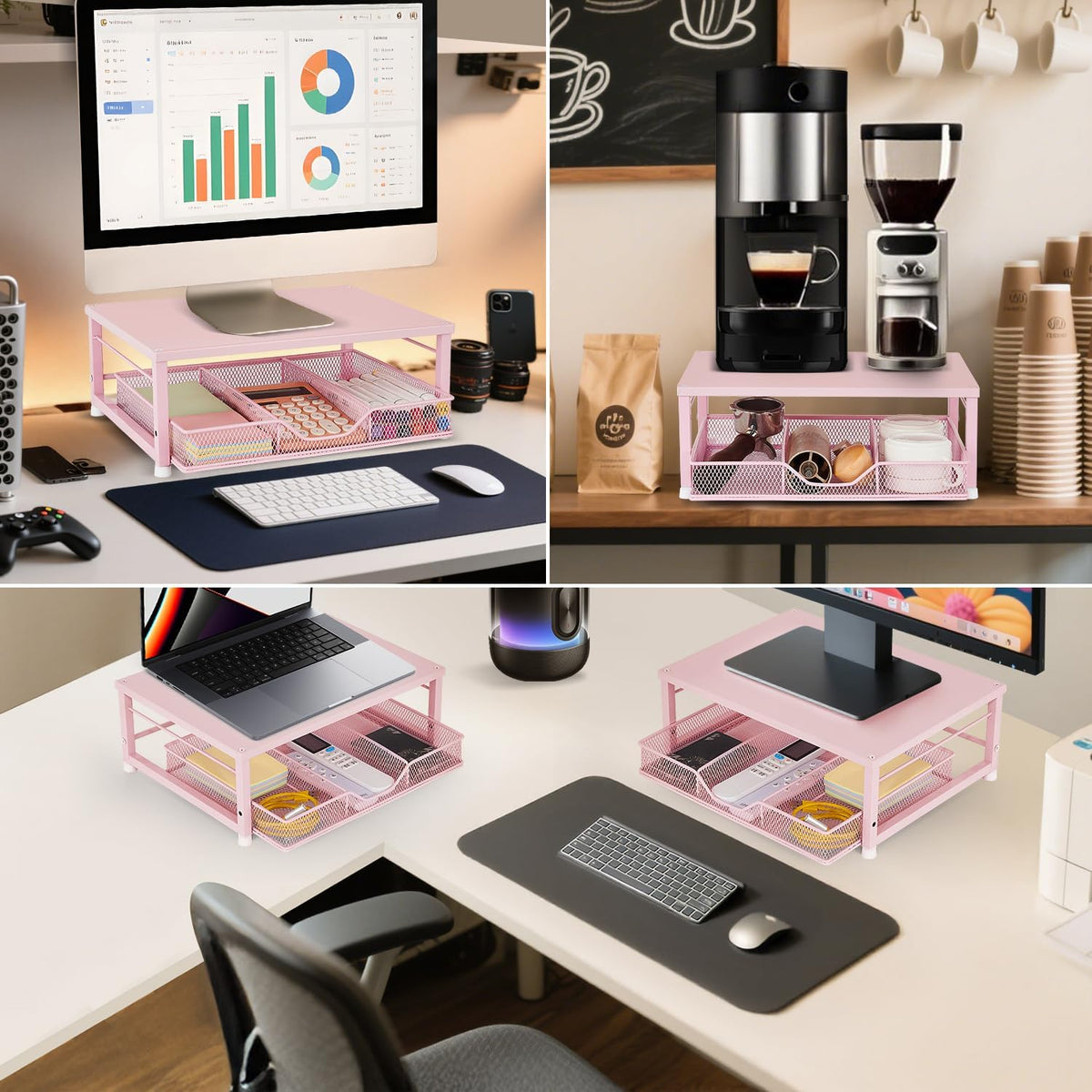 Small Pink Laptop Stand for Desk, Monitor Stand, Office Desk Accessories, Computer Desktop Stand with Drawer for Home, Office, School (Pink)