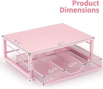 Small Pink Laptop Stand for Desk, Monitor Stand, Office Desk Accessories, Computer Desktop Stand with Drawer for Home, Office, School (Pink)