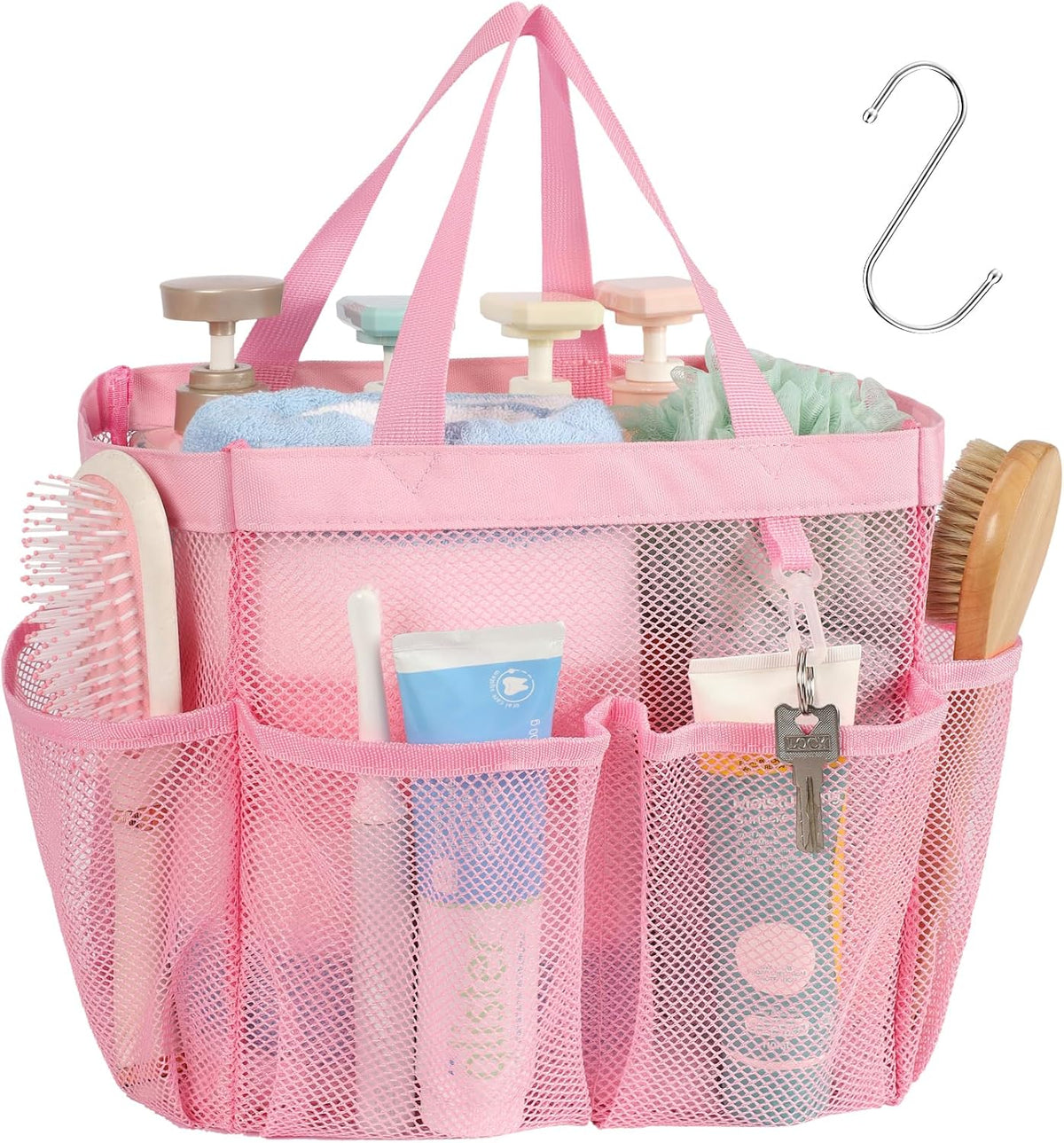 Mesh Shower Caddy Portable - 8 Pockets, S-Hook, Shower Bag for Dorm Camping