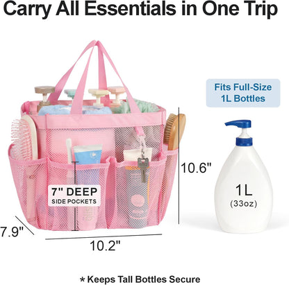 Mesh Shower Caddy Portable - 8 Pockets, S-Hook, Shower Bag for Dorm Camping