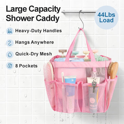 Mesh Shower Caddy Portable - 8 Pockets, S-Hook, Shower Bag for Dorm Camping