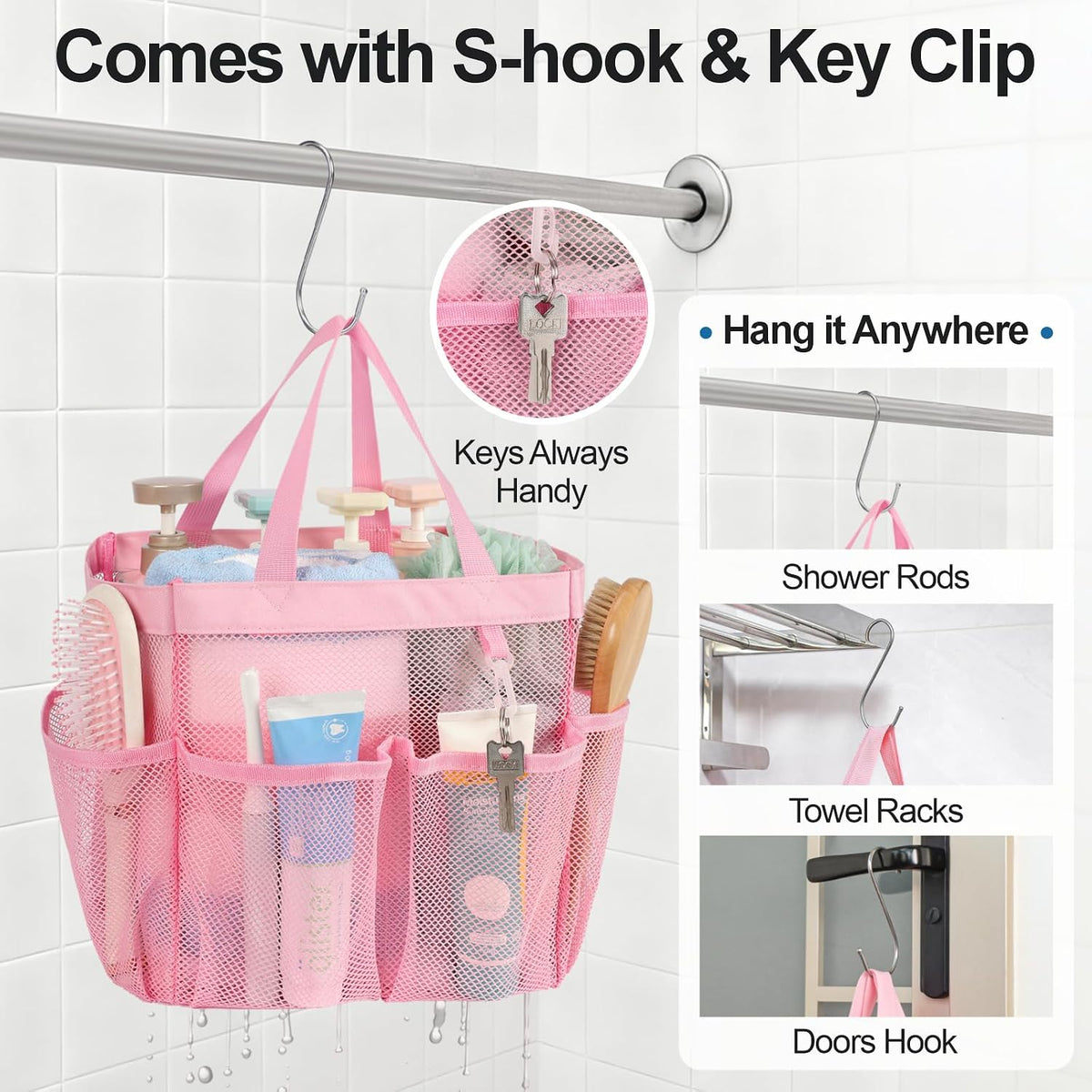 Mesh Shower Caddy Portable - 8 Pockets, S-Hook, Shower Bag for Dorm Camping
