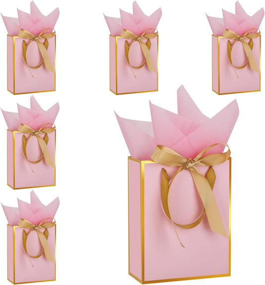 6 Pcs Thank You Gift Bags with Handles and Tissue Paper 9 x 7 x 3. 15'' Metallic Welcome Gift Bags with Bow Ribbon for Wedding Bridal Baby Shower Housewarming Birthday Party(Pink, Gold)