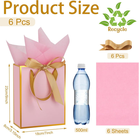 6 Pcs Thank You Gift Bags with Handles and Tissue Paper 9 x 7 x 3. 15'' Metallic Welcome Gift Bags with Bow Ribbon for Wedding Bridal Baby Shower Housewarming Birthday Party(Pink, Gold)