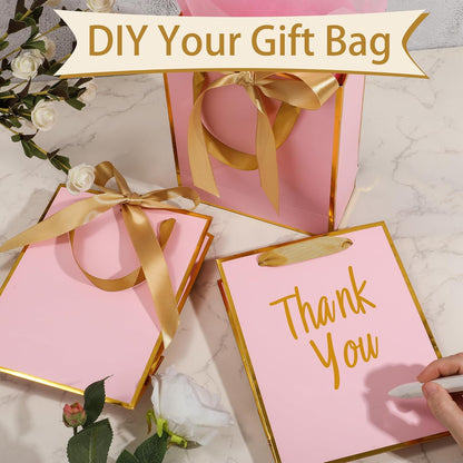 6 Pcs Thank You Gift Bags with Handles and Tissue Paper 9 x 7 x 3. 15'' Metallic Welcome Gift Bags with Bow Ribbon for Wedding Bridal Baby Shower Housewarming Birthday Party(Pink, Gold)