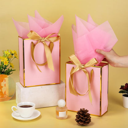 6 Pcs Thank You Gift Bags with Handles and Tissue Paper 9 x 7 x 3. 15'' Metallic Welcome Gift Bags with Bow Ribbon for Wedding Bridal Baby Shower Housewarming Birthday Party(Pink, Gold)