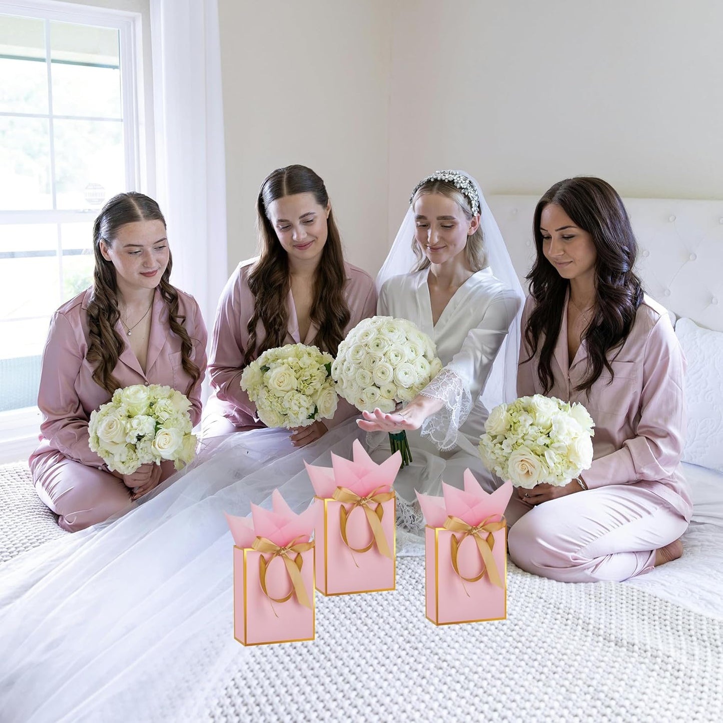 6 Pcs Thank You Gift Bags with Handles and Tissue Paper 9 x 7 x 3. 15'' Metallic Welcome Gift Bags with Bow Ribbon for Wedding Bridal Baby Shower Housewarming Birthday Party(Pink, Gold)