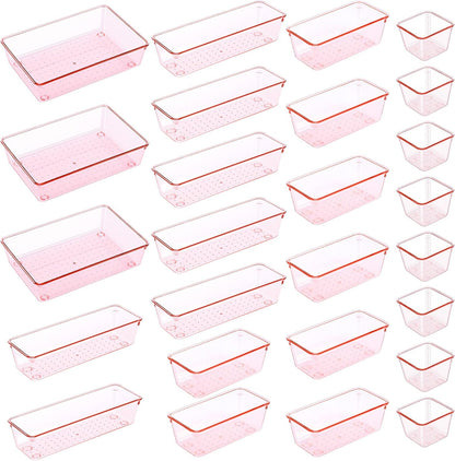 25pcs Pink Plastic Drawer Organizer Set, Clear Stackable Drawer Organizer,Kitchen Drawers Dividers for Bathroom, Office, Kitchen Cabinets and Dressing Tables