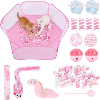 Pink Cat Ball Pit Include 115 PCS Interactive Cat Toys for Indoor Bored Self Play Enrichment Toy for Indoor Cats Interactive Fun and Exercise