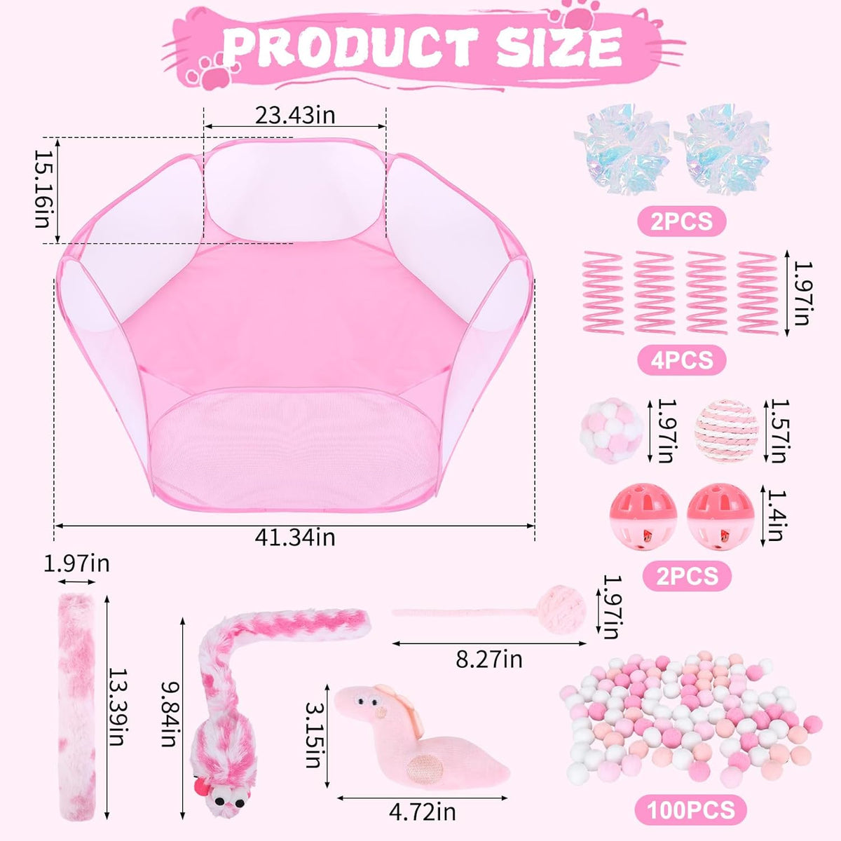 Pink Cat Ball Pit Include 115 PCS Interactive Cat Toys for Indoor Bored Self Play Enrichment Toy for Indoor Cats Interactive Fun and Exercise