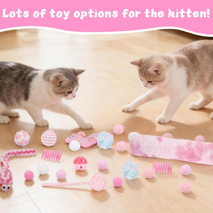 Pink Cat Ball Pit Include 115 PCS Interactive Cat Toys for Indoor Bored Self Play Enrichment Toy for Indoor Cats Interactive Fun and Exercise
