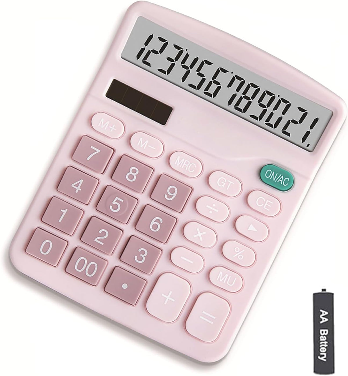 Calculator, 12 Digit Large LCD Display and Sensitive Button, Solar Battery Dual Power Office Calculator, Pink