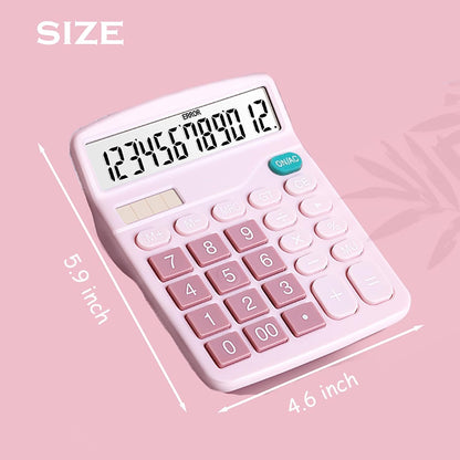 Calculator, 12 Digit Large LCD Display and Sensitive Button, Solar Battery Dual Power Office Calculator, Pink