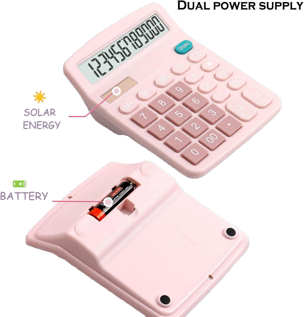 Calculator, 12 Digit Large LCD Display and Sensitive Button, Solar Battery Dual Power Office Calculator, Pink