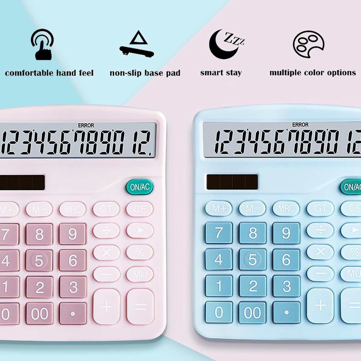 Calculator, 12 Digit Large LCD Display and Sensitive Button, Solar Battery Dual Power Office Calculator, Pink