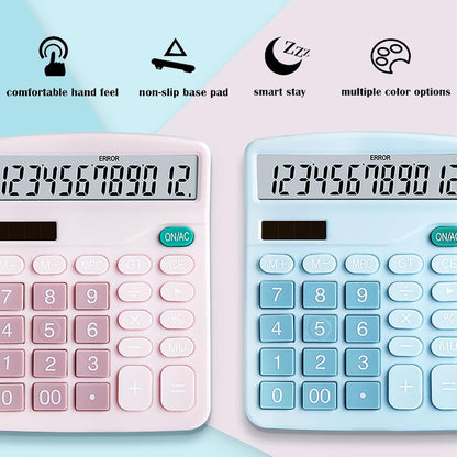 Calculator, 12 Digit Large LCD Display and Sensitive Button, Solar Battery Dual Power Office Calculator, Pink