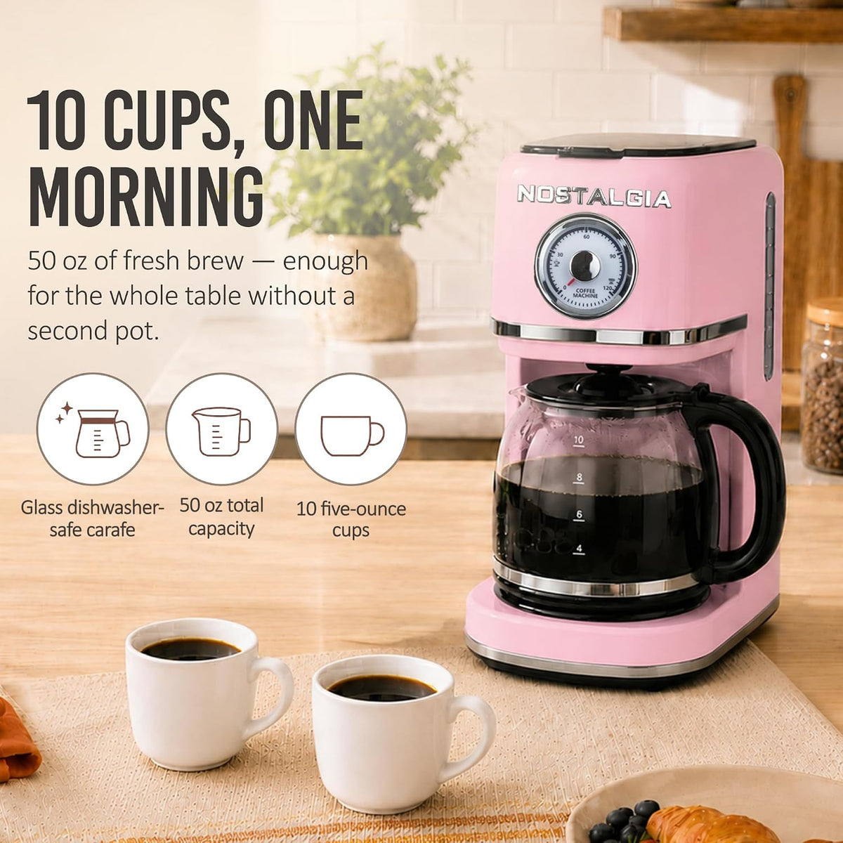 Classic Retro 10 Cup Coffee Maker, Pink