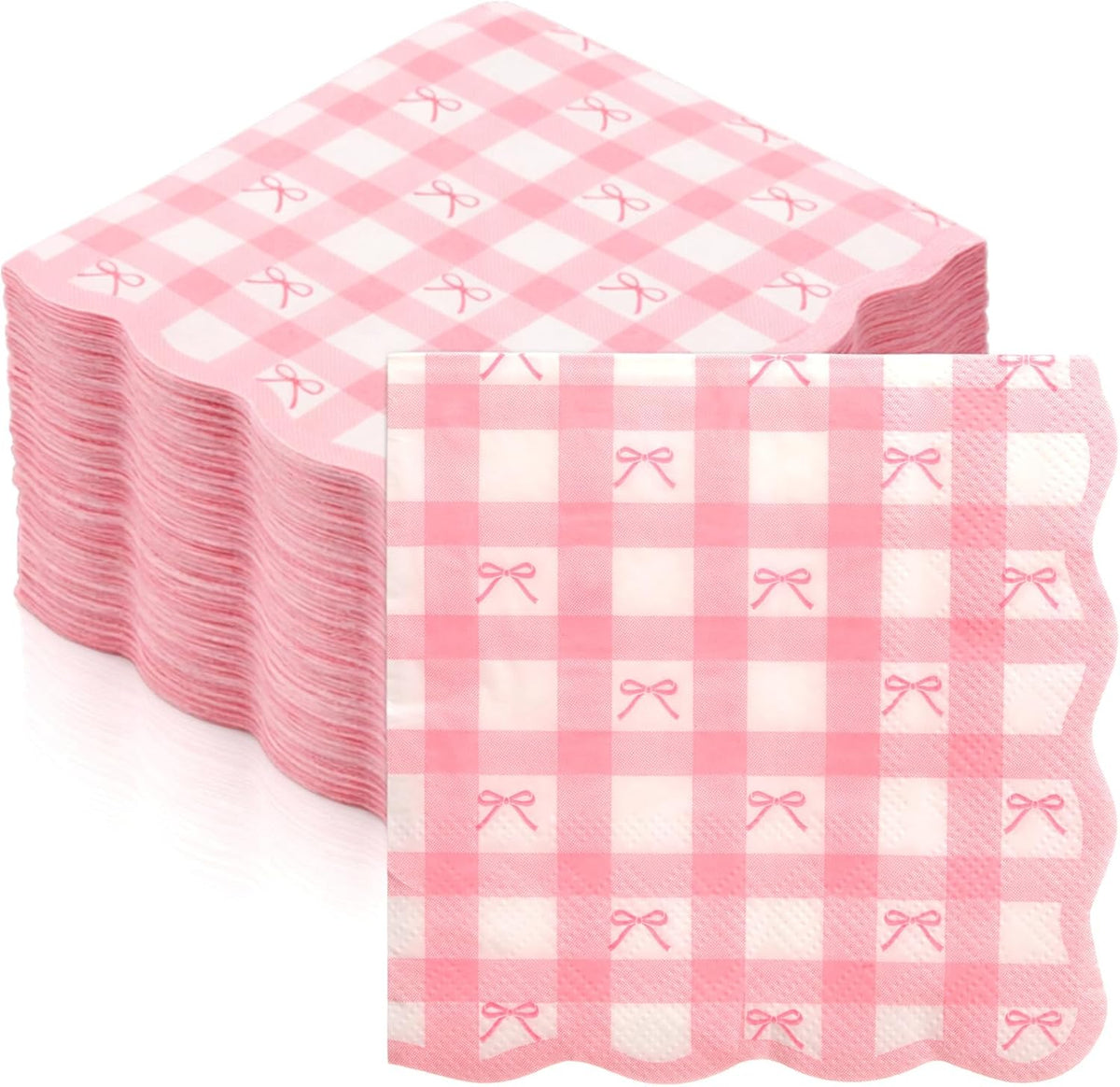 100 Pcs Pink Gingham Napkins, Bow Scalloped Cocktail Napkins Bulk, Coquette Disposable Paper Napkin for Wedding, Birthday, Baby Shower, Bridal Shower Party Supplies