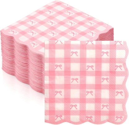 100 Pcs Pink Gingham Napkins, Bow Scalloped Cocktail Napkins Bulk, Coquette Disposable Paper Napkin for Wedding, Birthday, Baby Shower, Bridal Shower Party Supplies