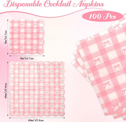 100 Pcs Pink Gingham Napkins, Bow Scalloped Cocktail Napkins Bulk, Coquette Disposable Paper Napkin for Wedding, Birthday, Baby Shower, Bridal Shower Party Supplies