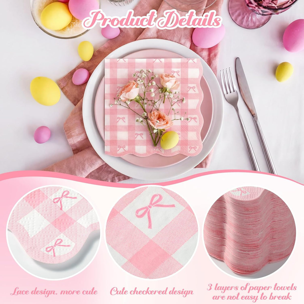100 Pcs Pink Gingham Napkins, Bow Scalloped Cocktail Napkins Bulk, Coquette Disposable Paper Napkin for Wedding, Birthday, Baby Shower, Bridal Shower Party Supplies