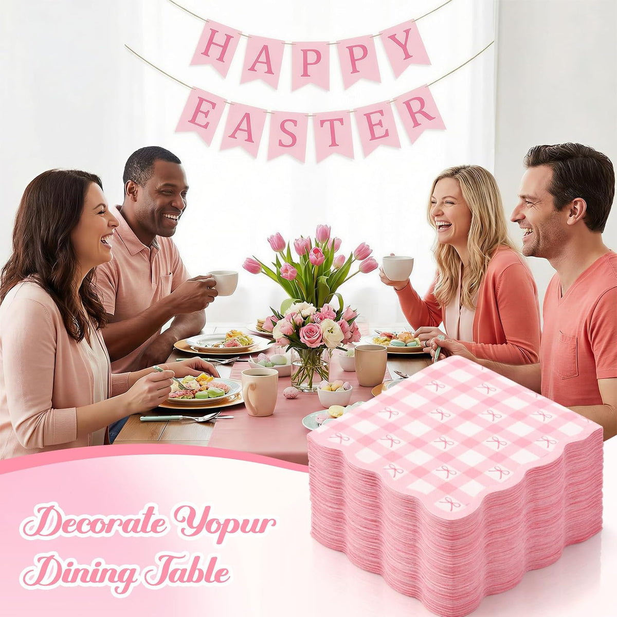 100 Pcs Pink Gingham Napkins, Bow Scalloped Cocktail Napkins Bulk, Coquette Disposable Paper Napkin for Wedding, Birthday, Baby Shower, Bridal Shower Party Supplies