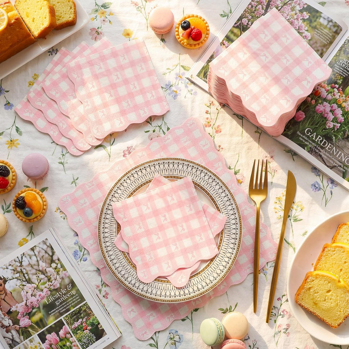 100 Pcs Pink Gingham Napkins, Bow Scalloped Cocktail Napkins Bulk, Coquette Disposable Paper Napkin for Wedding, Birthday, Baby Shower, Bridal Shower Party Supplies