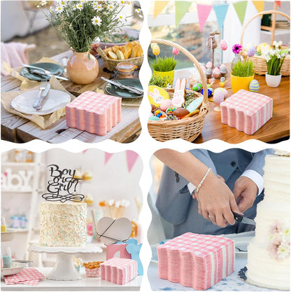 100 Pcs Pink Gingham Napkins, Bow Scalloped Cocktail Napkins Bulk, Coquette Disposable Paper Napkin for Wedding, Birthday, Baby Shower, Bridal Shower Party Supplies
