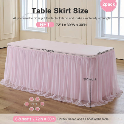 Pink Table Cloths 6 Foot Rectangle 2 Pack Stretch Ruffle Tulle Tablecloth Spandex Fitted Table Cover for 6 Foot Tulle Table Skirts for Party Wedding Table Cloths, Banquets