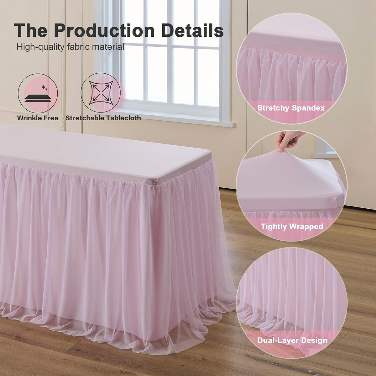 Pink Table Cloths 6 Foot Rectangle 2 Pack Stretch Ruffle Tulle Tablecloth Spandex Fitted Table Cover for 6 Foot Tulle Table Skirts for Party Wedding Table Cloths, Banquets