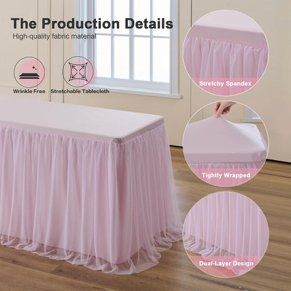 Pink Table Cloths 6 Foot Rectangle 2 Pack Stretch Ruffle Tulle Tablecloth Spandex Fitted Table Cover for 6 Foot Tulle Table Skirts for Party Wedding Table Cloths, Banquets