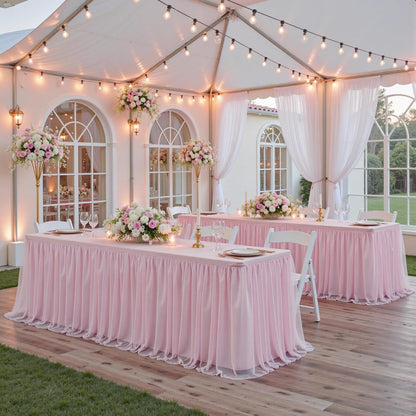 Pink Table Cloths 6 Foot Rectangle 2 Pack Stretch Ruffle Tulle Tablecloth Spandex Fitted Table Cover for 6 Foot Tulle Table Skirts for Party Wedding Table Cloths, Banquets