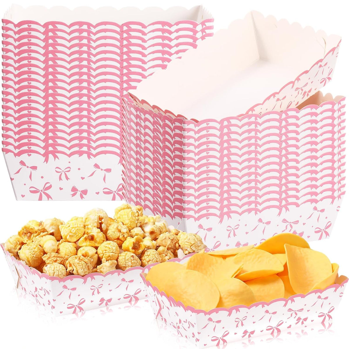 60 Pcs Pink Bow Paper Food Trays Bow Plates Coquette Birthday Decorations Kraft Food Boat Nacho Trays for Wedding Bridal Baby Shower Party Decoration Supplies (Classic)