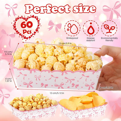 60 Pcs Pink Bow Paper Food Trays Bow Plates Coquette Birthday Decorations Kraft Food Boat Nacho Trays for Wedding Bridal Baby Shower Party Decoration Supplies (Classic)