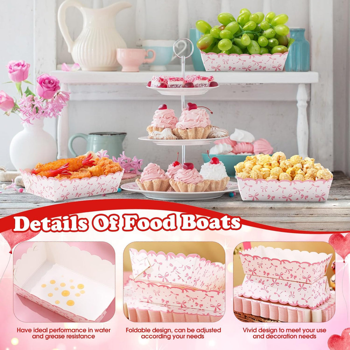 60 Pcs Pink Bow Paper Food Trays Bow Plates Coquette Birthday Decorations Kraft Food Boat Nacho Trays for Wedding Bridal Baby Shower Party Decoration Supplies (Classic)