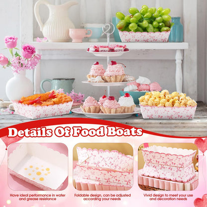 60 Pcs Pink Bow Paper Food Trays Bow Plates Coquette Birthday Decorations Kraft Food Boat Nacho Trays for Wedding Bridal Baby Shower Party Decoration Supplies (Classic)