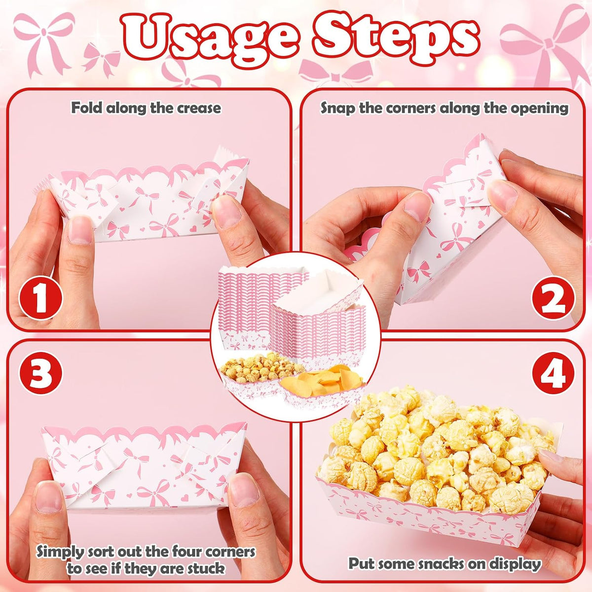 60 Pcs Pink Bow Paper Food Trays Bow Plates Coquette Birthday Decorations Kraft Food Boat Nacho Trays for Wedding Bridal Baby Shower Party Decoration Supplies (Classic)