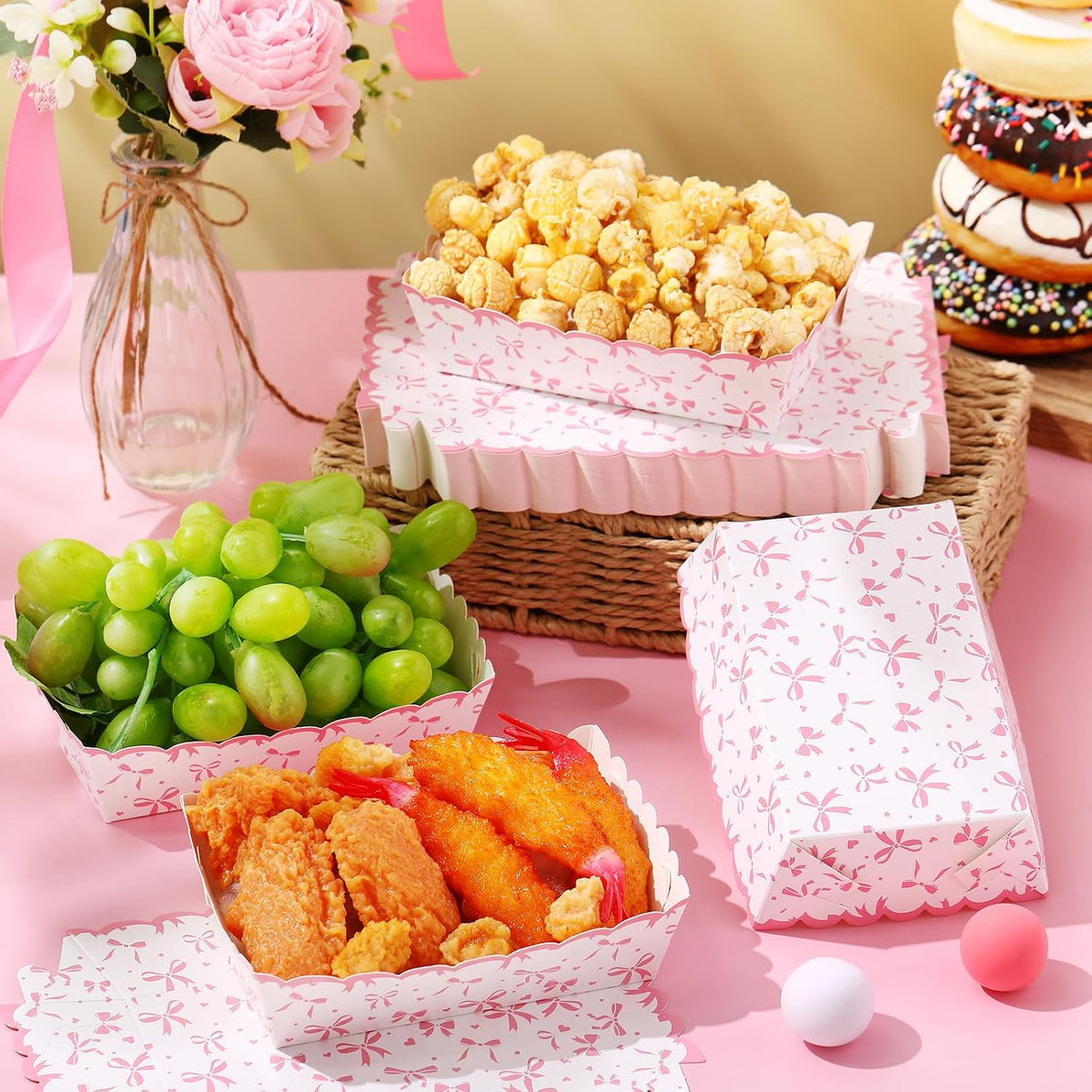 60 Pcs Pink Bow Paper Food Trays Bow Plates Coquette Birthday Decorations Kraft Food Boat Nacho Trays for Wedding Bridal Baby Shower Party Decoration Supplies (Classic)