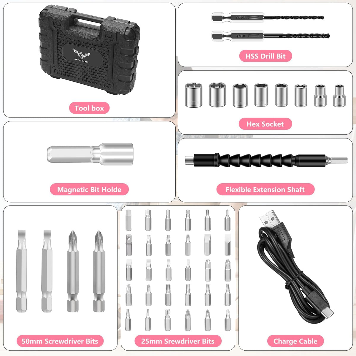 3.6V Electric Cordless Screwdriver Set, Mini Drill Set, Pink