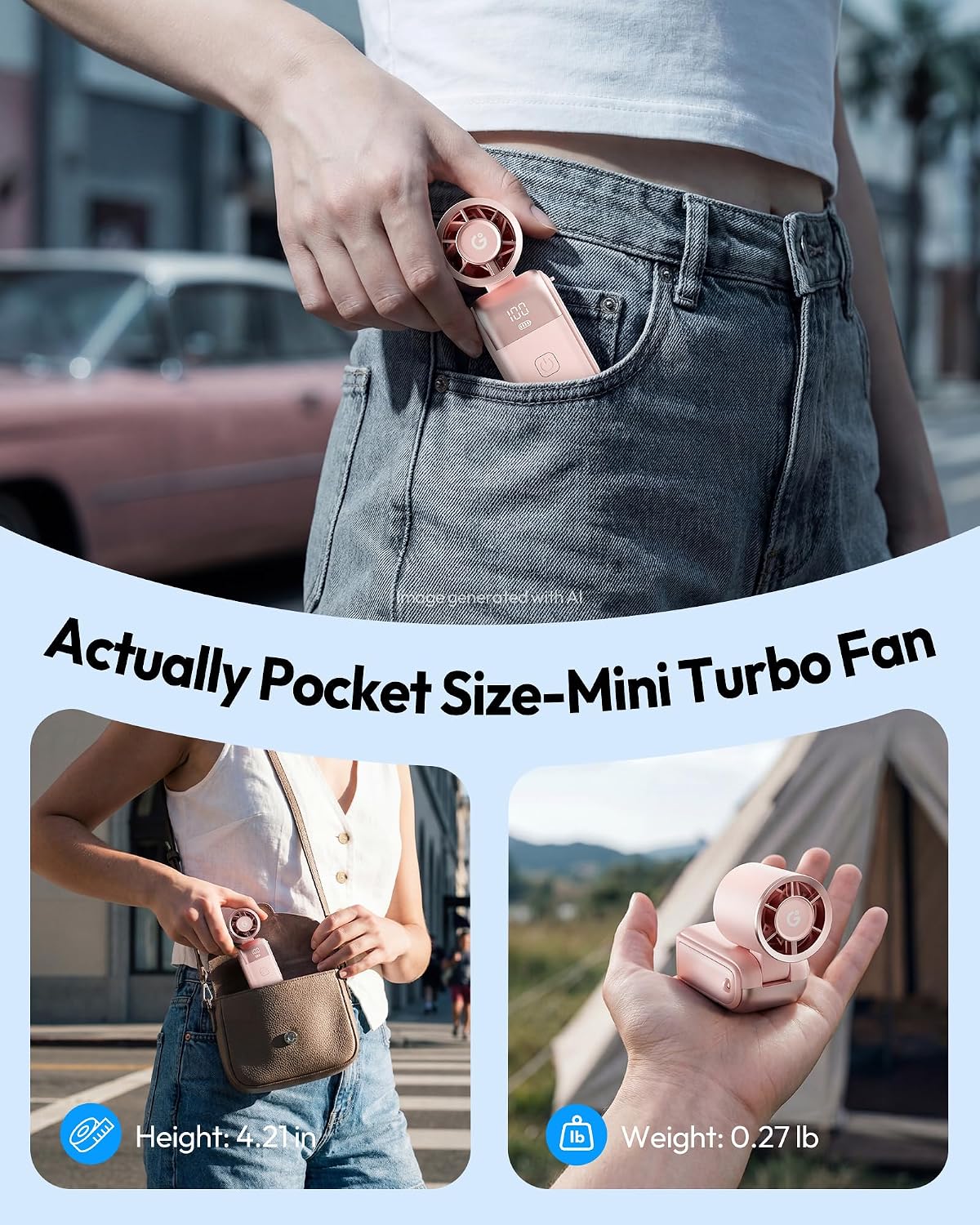 Portable Mini Fan Handheld, 3-in-1 Foldable Pocket Fan, Up to 15H