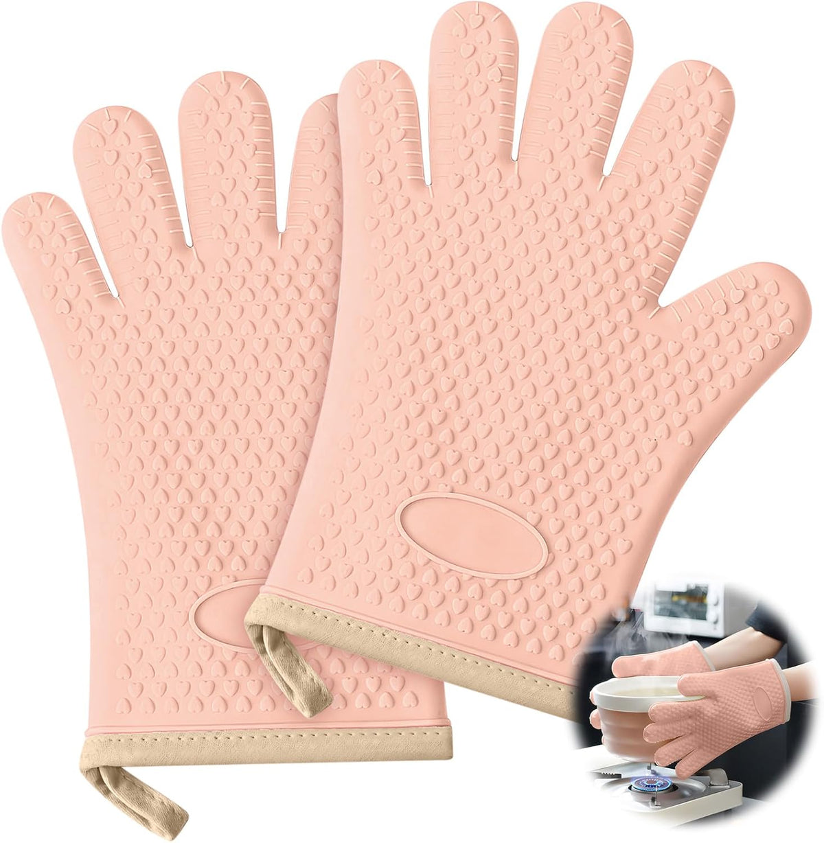 1 Pair Oven Mitts, Heat Resistant Protective Oven Gloves, Cotton Lined Silicone Kitchen Mitts Pair, Nonslip Silicone Cooking Gloves with Fingers (Light Pink)