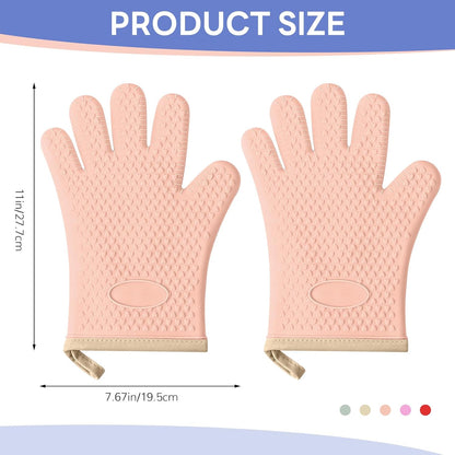1 Pair Oven Mitts, Heat Resistant Protective Oven Gloves, Cotton Lined Silicone Kitchen Mitts Pair, Nonslip Silicone Cooking Gloves with Fingers (Light Pink)