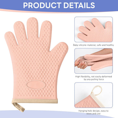 1 Pair Oven Mitts, Heat Resistant Protective Oven Gloves, Cotton Lined Silicone Kitchen Mitts Pair, Nonslip Silicone Cooking Gloves with Fingers (Light Pink)