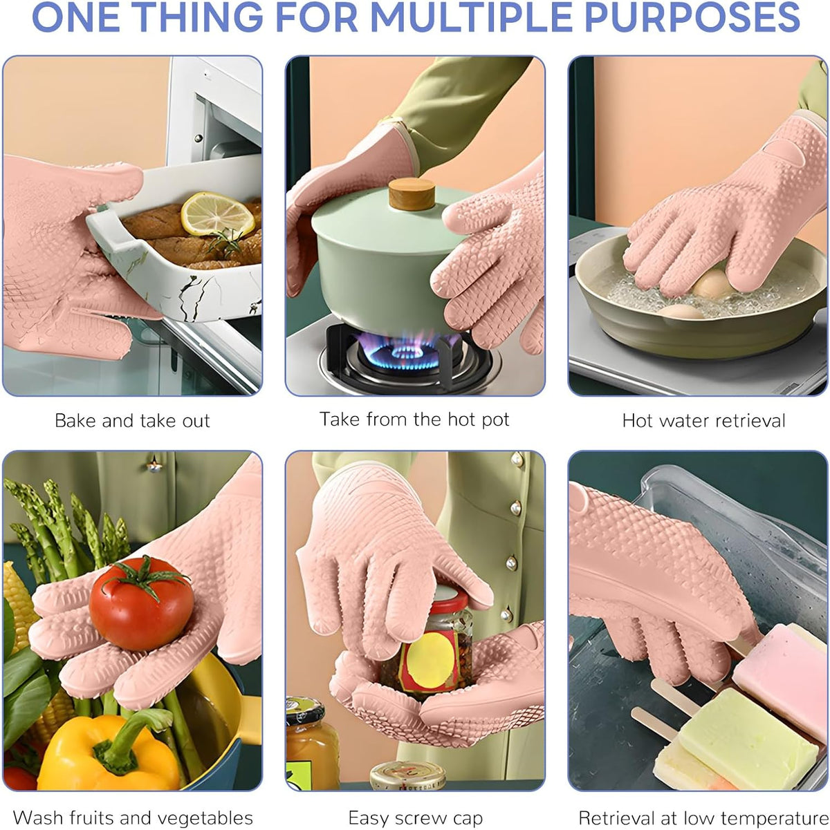1 Pair Oven Mitts, Heat Resistant Protective Oven Gloves, Cotton Lined Silicone Kitchen Mitts Pair, Nonslip Silicone Cooking Gloves with Fingers (Light Pink)