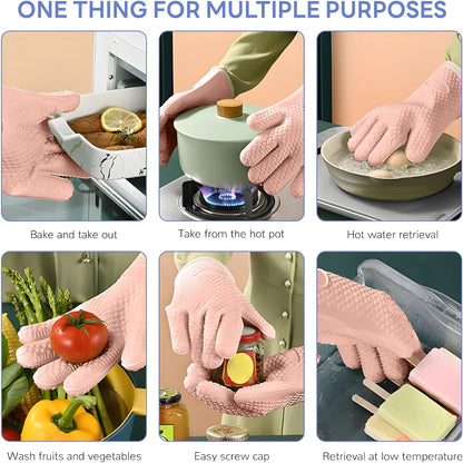 1 Pair Oven Mitts, Heat Resistant Protective Oven Gloves, Cotton Lined Silicone Kitchen Mitts Pair, Nonslip Silicone Cooking Gloves with Fingers (Light Pink)