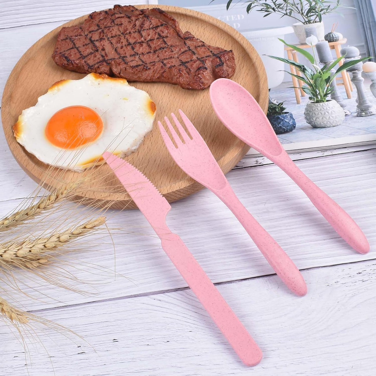 Zoyiancy 21Pcs Wheat Straw Cutlery Set, Pink Reusable Utensils