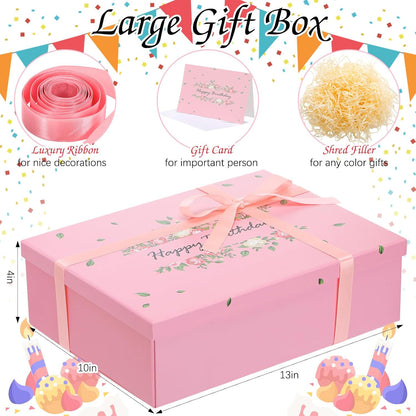 13 Inch Large Luxury Birthday Gift Boxes with Lids for Presents Pink Bow Ribbon Floral Style Gift Box Empty for Birthday, 13.5 x 10 x 4 Inches