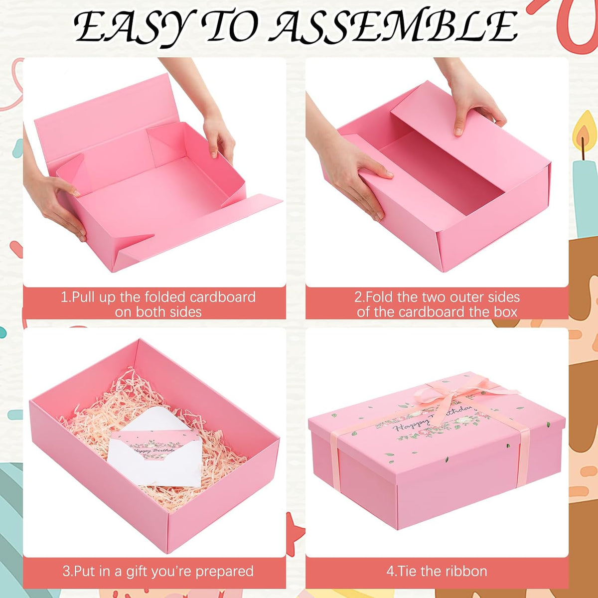 13 Inch Large Luxury Birthday Gift Boxes with Lids for Presents Pink Bow Ribbon Floral Style Gift Box Empty for Birthday, 13.5 x 10 x 4 Inches