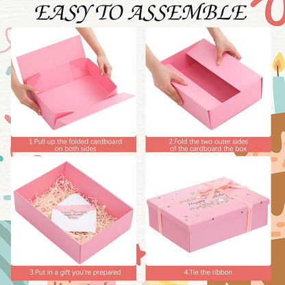 13 Inch Large Luxury Birthday Gift Boxes with Lids for Presents Pink Bow Ribbon Floral Style Gift Box Empty for Birthday, 13.5 x 10 x 4 Inches